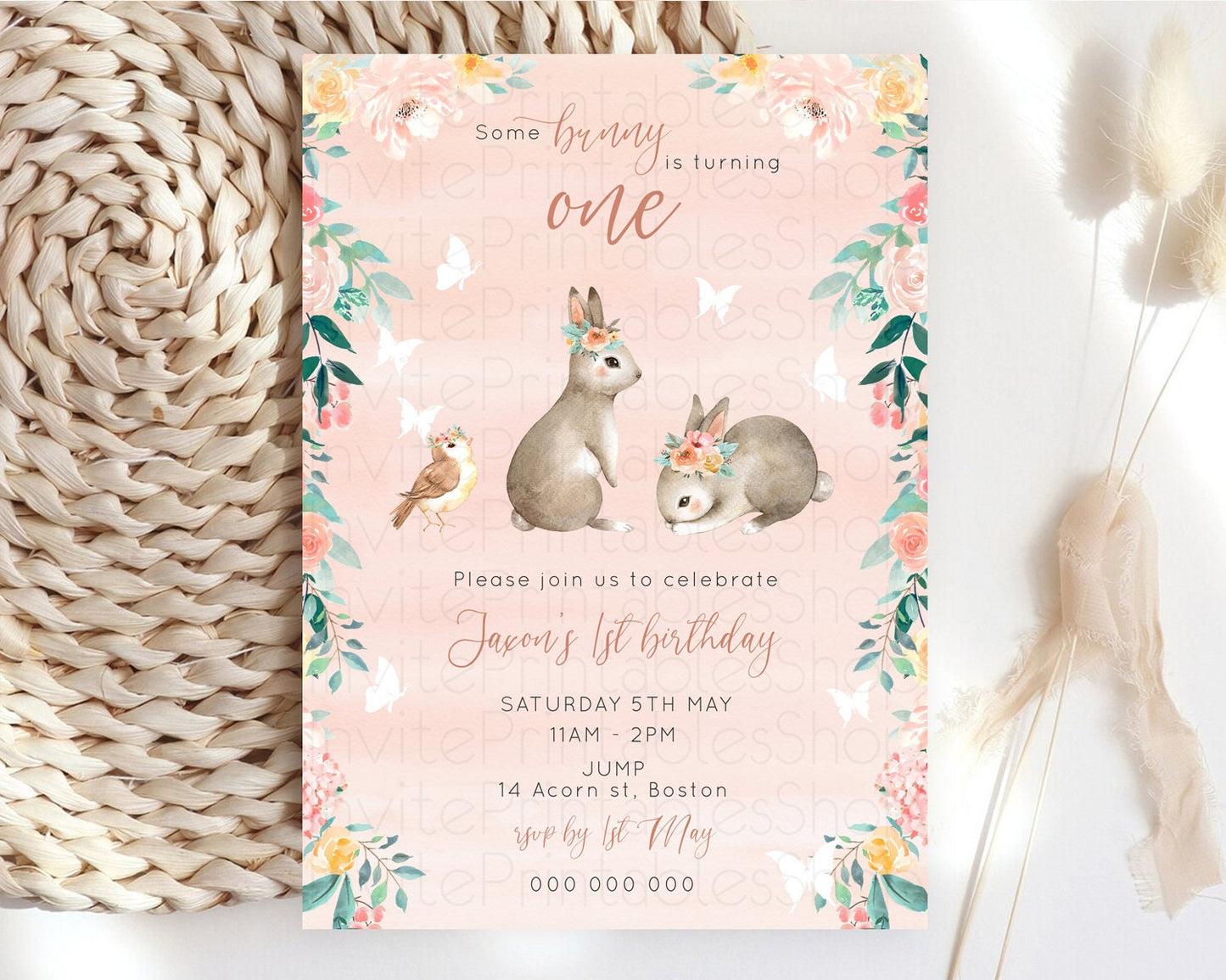 Bunny Birthday Invitation Floral Bunny Invitation Pastel Bunny Invites Pastel Watercolor Woodland Bunny Party 2nd 1st First Birthday D10922