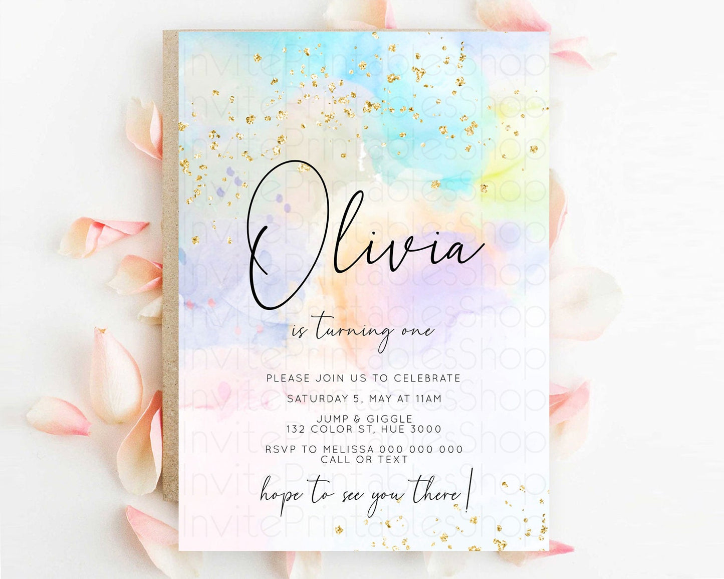 Rainbow Birthday Invitation Colorful Pastel Watercolor Invitation Gold Glitter Sprinkles Ombre Pastel 1st 2nd 3rd Birthday D10769