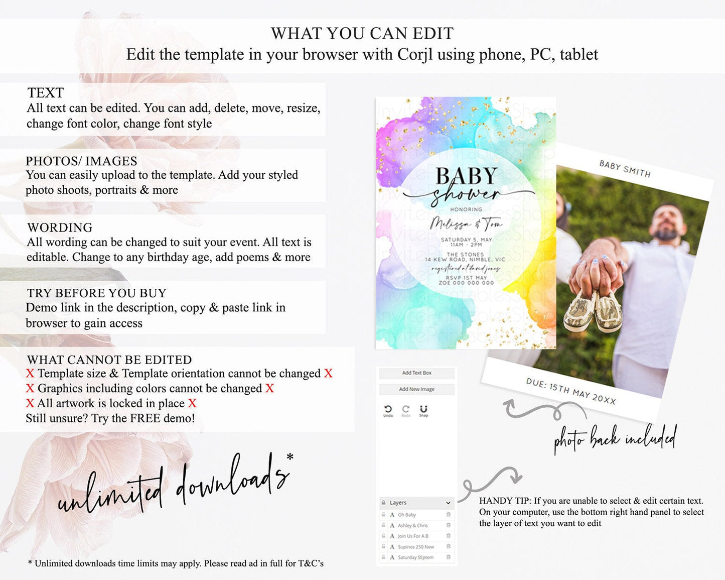 Pastel Baby Shower Invitation Rainbow Baby Shower Invitation Colorful Pastel Watercolor Invitation Gold Glitter Sprinkles Ombre D10213