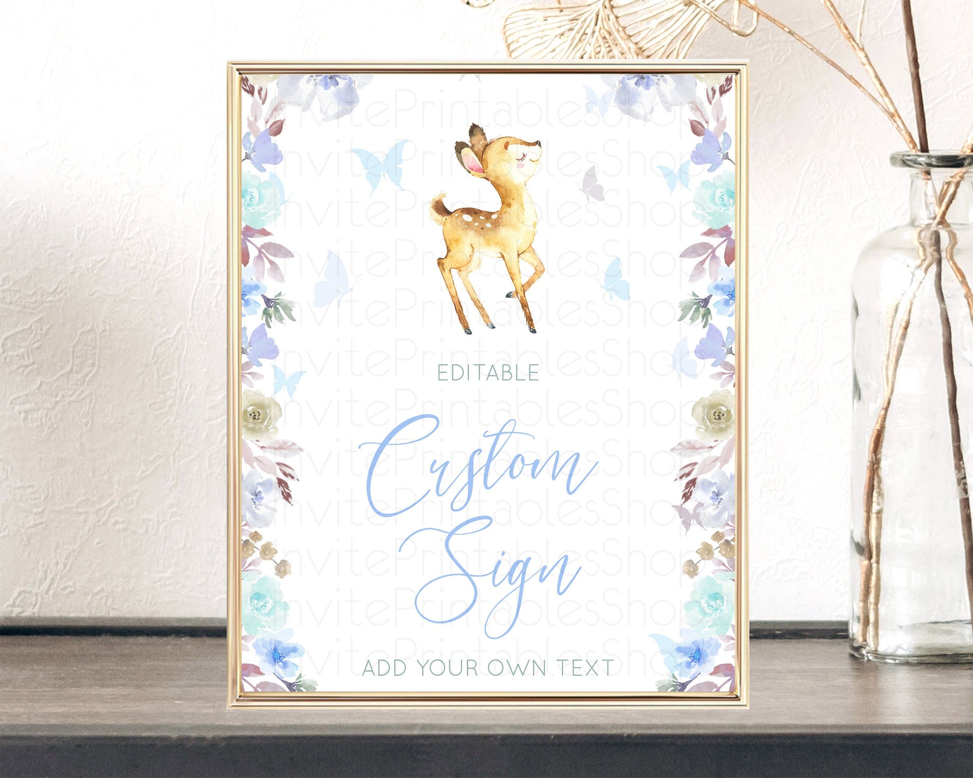 Editable Fawn Deer Sign Pastel Floral Deer Table Sign Decor Enchanted Forest
