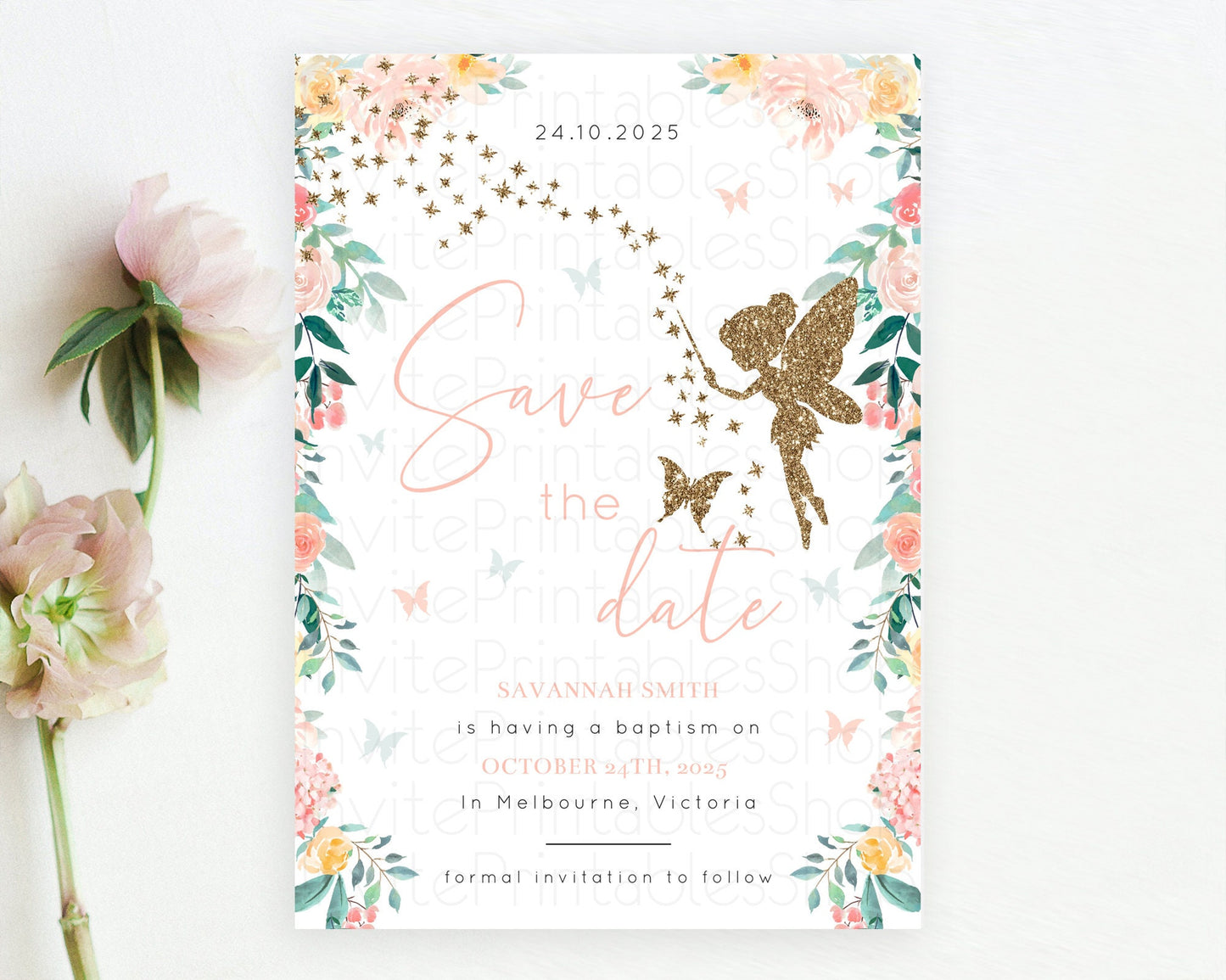 Fairy Save The Date Template Enchanted Garden Pastel Floral Butterfly Party Secret Garden Birthday Baptism Baby Shower Bridal Shower D10789