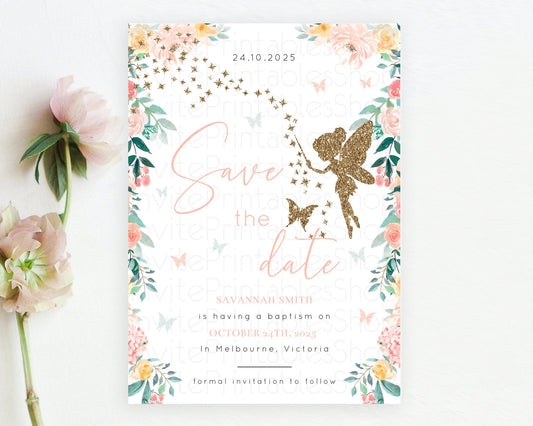 Fairy Save The Date Template Enchanted Garden Pastel Floral Butterfly Party Secret Garden Birthday Baptism Baby Shower Bridal Shower D10789