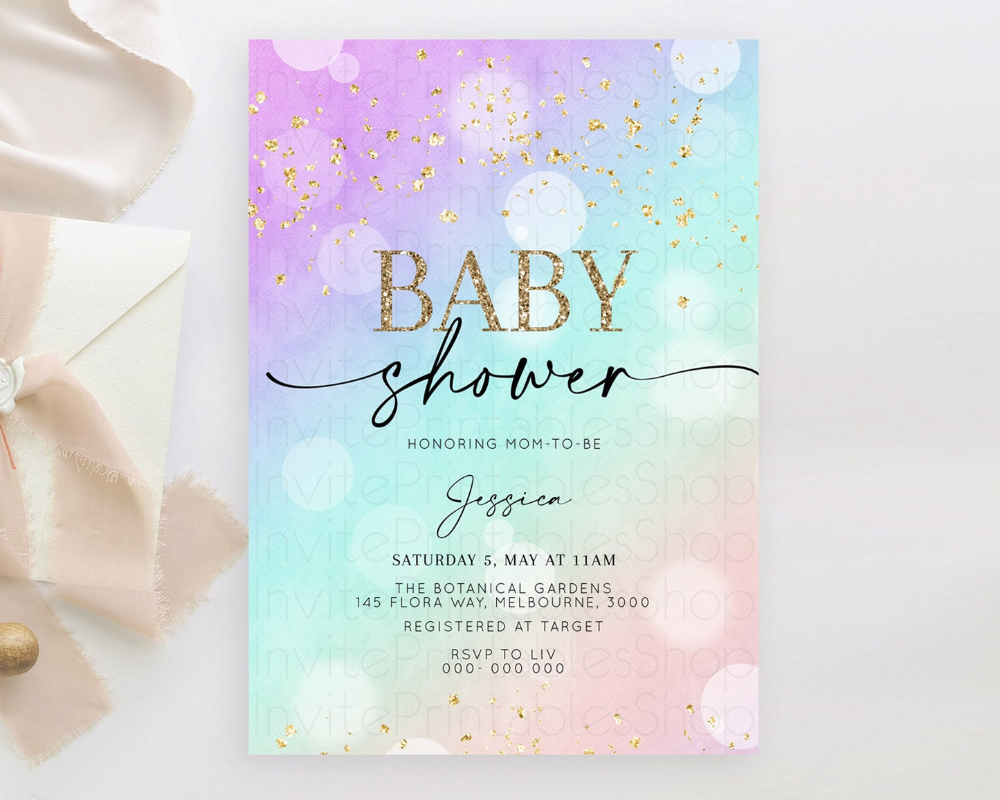 Pastel Baby Shower Invitation Rainbow Baby Shower Invitation Colorful Pastel Watercolor Invitation Gold Glitter Sprinkles Ombre D10618