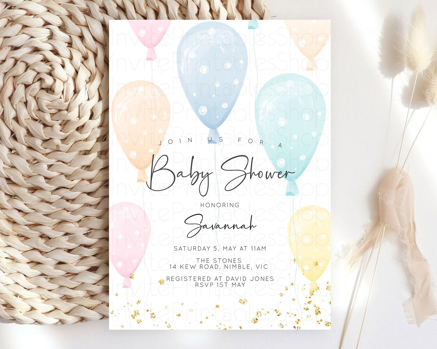 Balloon Baby Shower Invitation Rainbow Pastel Colorful Glitter Sprinkles Confetti Gender Neutral Pink Blue Green Yellow Editable Invite 154