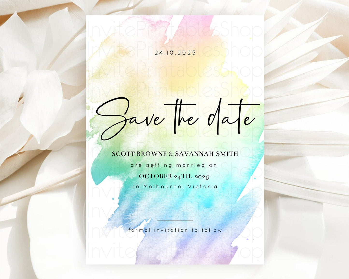 Pastel Save The Date Template Pastel Ombre Rainbow Watercolor Colorful Party For Birthday Baptism Baby Shower Wedding Bridal Shower D10279