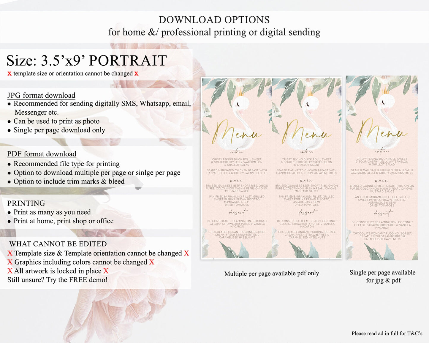 Swan Menu Swan Princess Ballet Menu Template Enchanted Swan Lake Table Decor Secret Garden Pastel Floral Dinner Dessert Food Menu  D10115