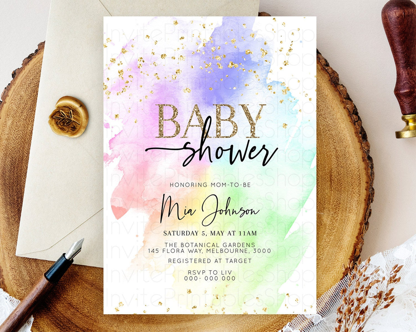 Pastel Baby Shower Invitation Rainbow Baby Shower Invitation Colorful Pastel Watercolor Invitation Gold Glitter Sprinkles Ombre D10316