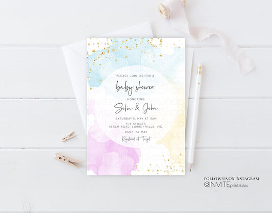 Editable Colorful Rainbow Baby Shower Invitation Watercolor Splash Ink Paste