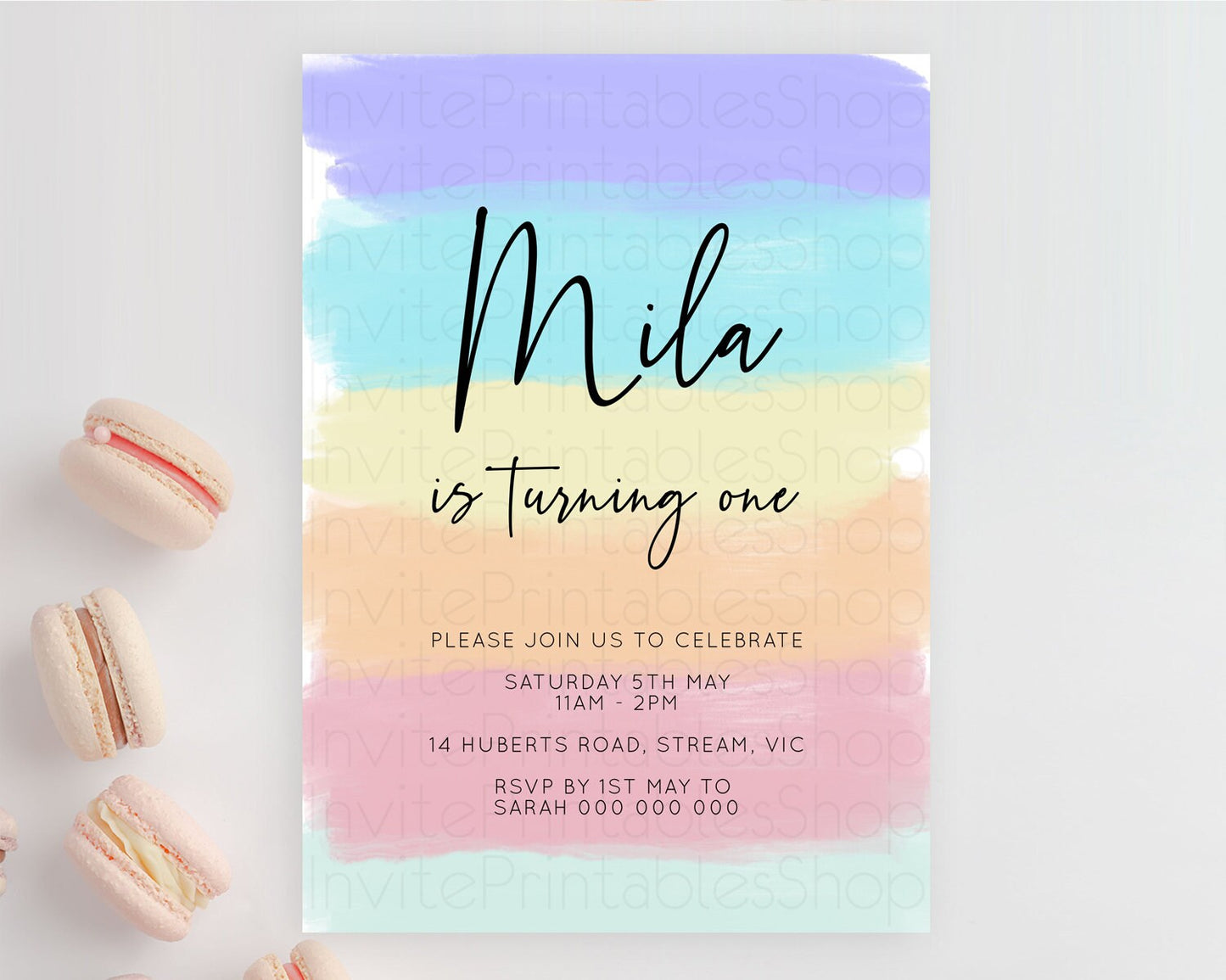 Rainbow Birthday Invitation Colorful Pastel Watercolor Invitation Gold Glitter Sprinkles Ombre Pastel 1st 2nd 3rd Birthday D10510