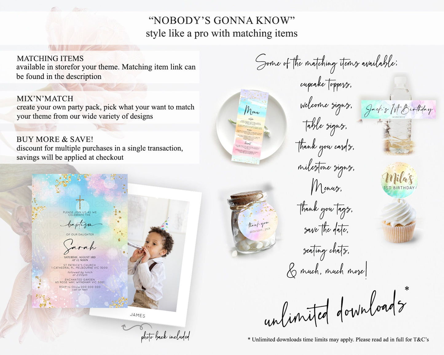 Pastel Baptism Invitation Pastel Colors Watercolor Baptism 1st Birthday Party Gold Ombre Pastel Rainbow Christening Holy Communion D10675