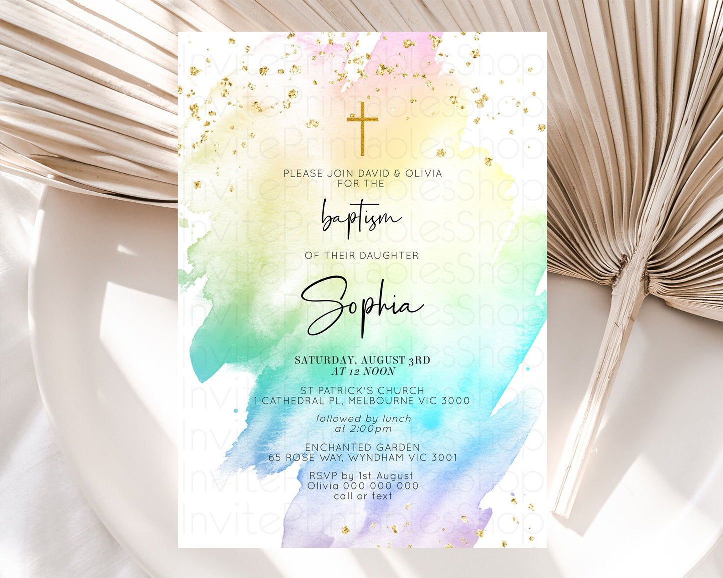 Pastel Baptism Invitation Pastel Colors Watercolor Baptism 1st Birthday Party Gold Ombre Pastel Rainbow Christening Holy Communion D10279