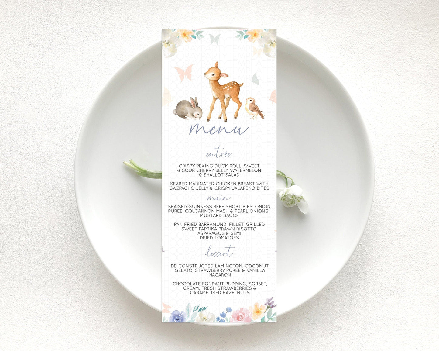 Fawn Menu Deer Menu Template Pastel Floral Deer Table Decor Enchanted Forest Butterfly Floral Dinner Dessert Menu Party Food Menu D10930