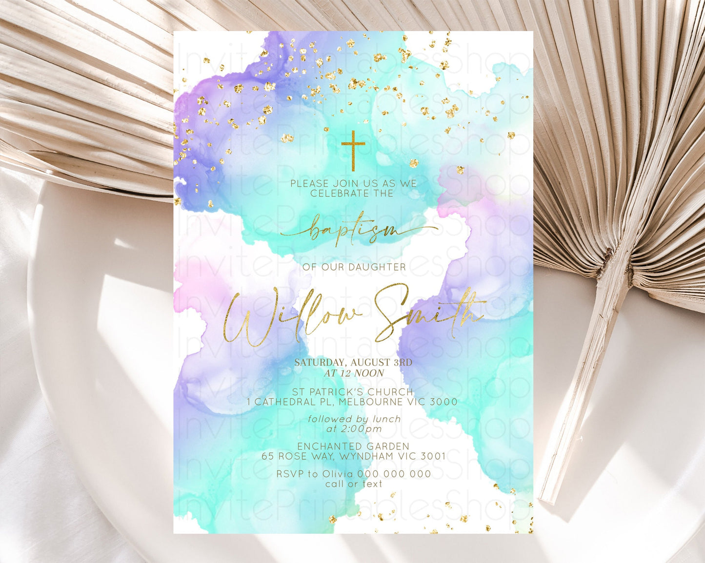 Pastel Baptism Invitation Pastel Colors Watercolor Baptism 1st Birthday Party Gold Ombre Pastel Rainbow Christening Holy Communion D10212