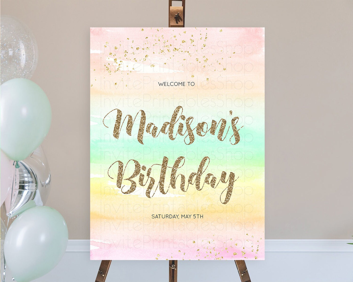 Pastel Welcome Sign Pastel Rainbow Welcome Sign Colorful Rainbow Confetti Watercolor Glitter Pastel First Birthday Welcome Sign D10592