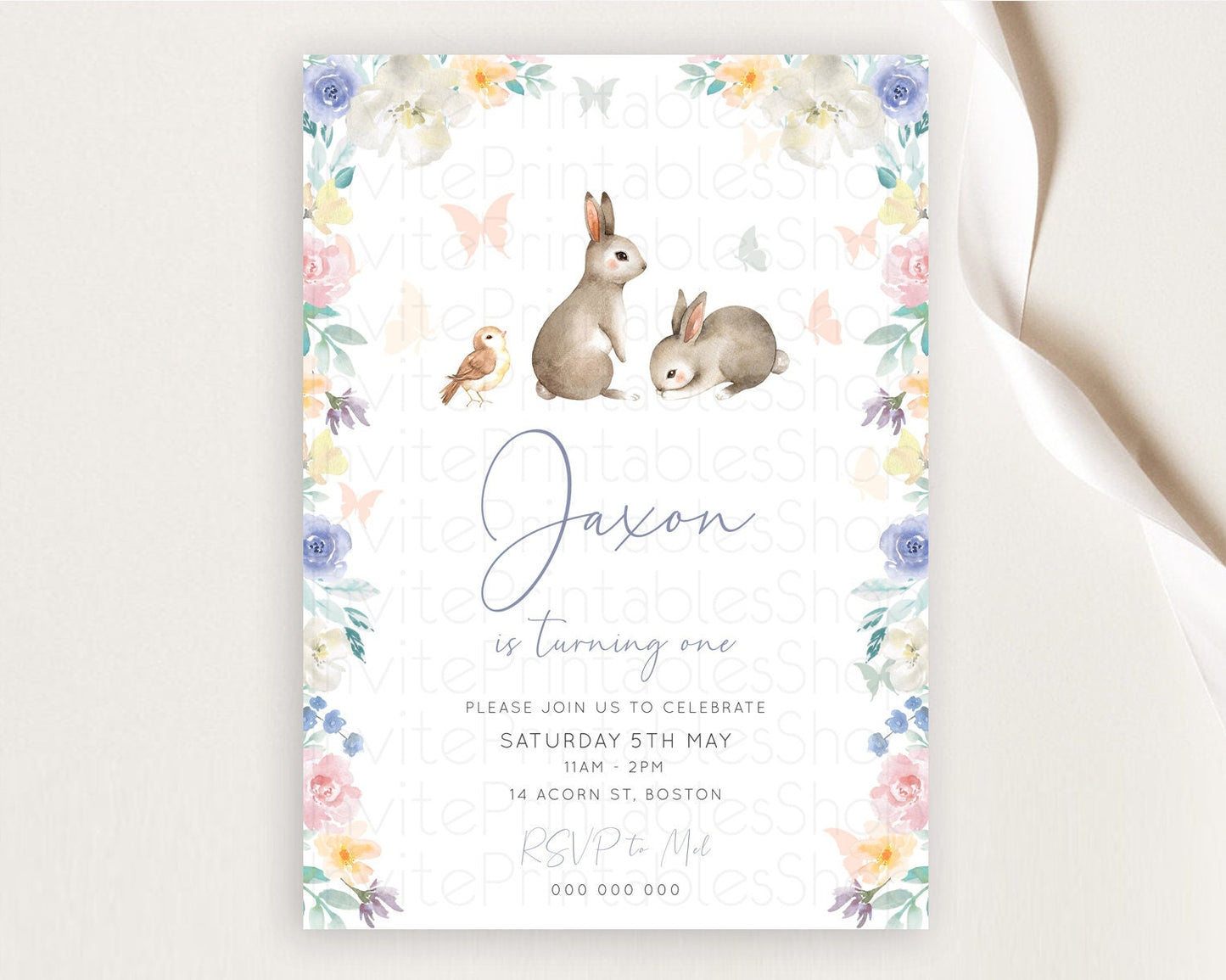 Bunny Birthday Invitation Floral Bunny Invitation Pastel Bunny Invites Pastel Watercolor Woodland Bunny Party 2nd 1st First Birthday D10928