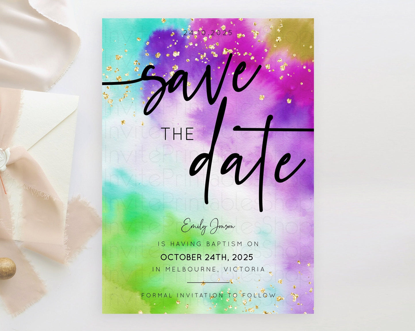 Tie Dye Save The Date Template Rainbow Pastel Ombre Watercolor Party For 1st Birthday Baptism Baby Shower Bridal Shower Wedding D10536