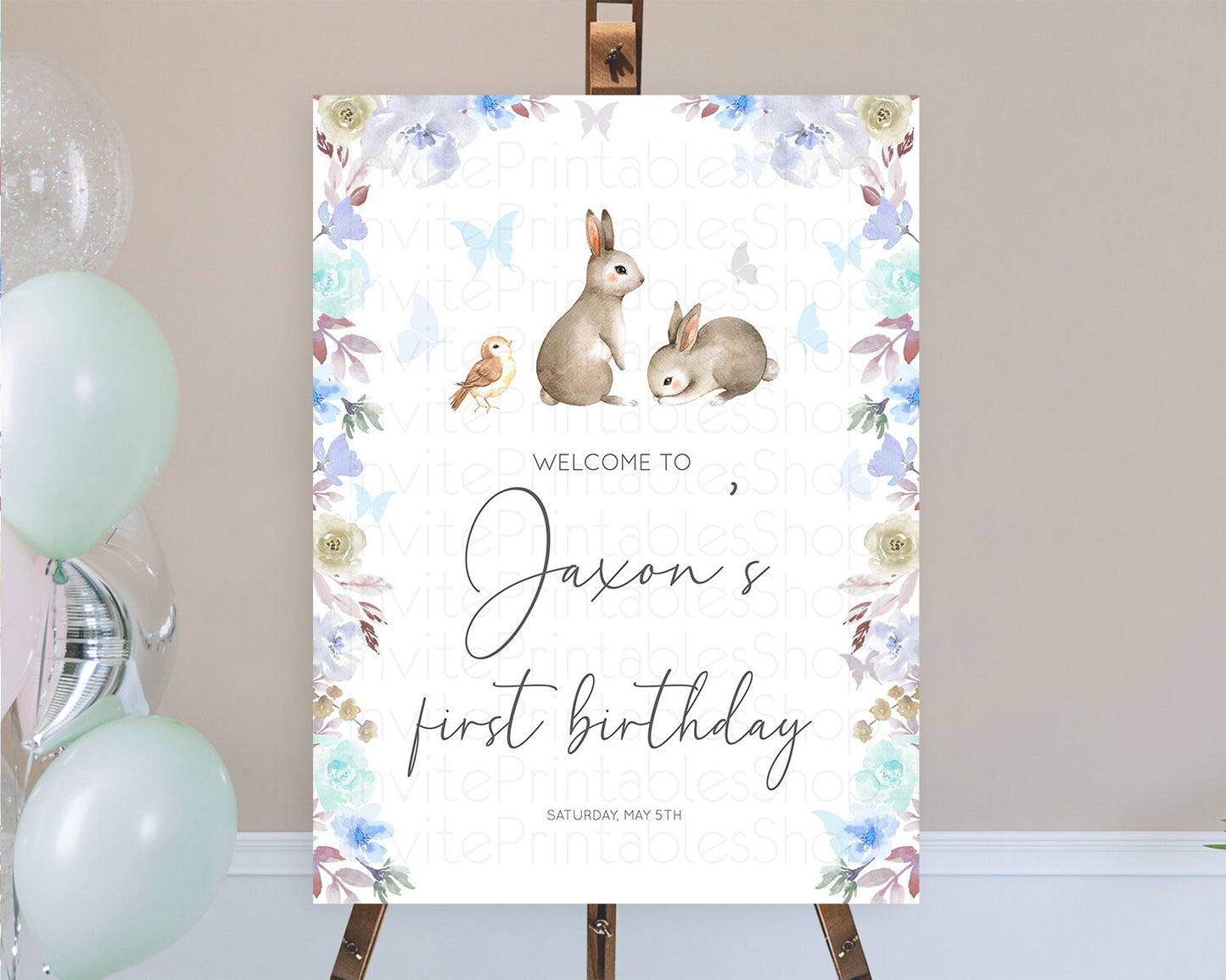 Editable Bunny Welcome Sign Floral Bunny Welcome Board Pastel Flowers Woodla