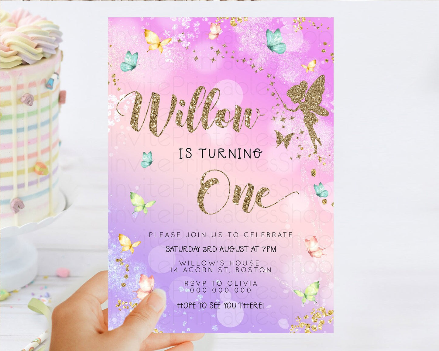 Pastel Fairy Birthday Invitation Pastel Butterflies Fairy Birthday Invitation Rainbow Ombre Watercolor 1st 2nd Birthday Invitation D23164