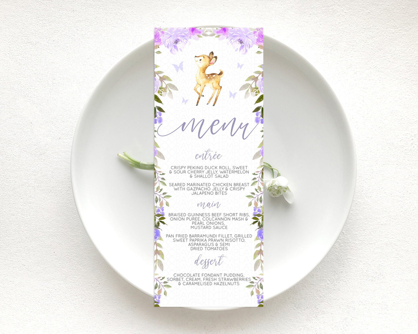Fawn Menu Deer Menu Template Pastel Floral Deer Table Decor Enchanted Forest Butterfly Floral Dinner Dessert Menu Party Food Menu D10916