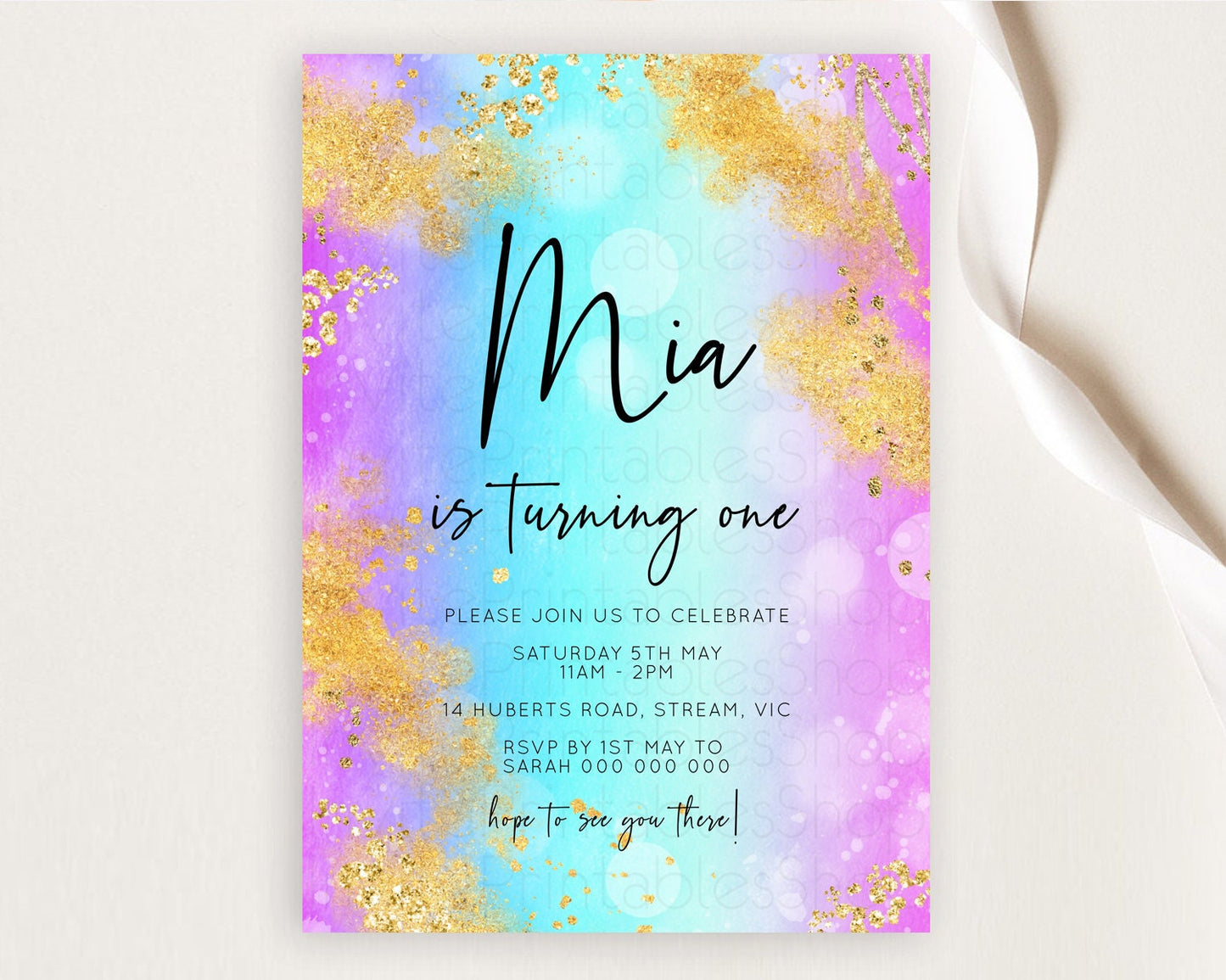 Rainbow Birthday Invitation Colorful Pastel Watercolor Invitation Gold Glitter Sprinkles Ombre Pastel 1st 2nd 3rd Birthday D10564