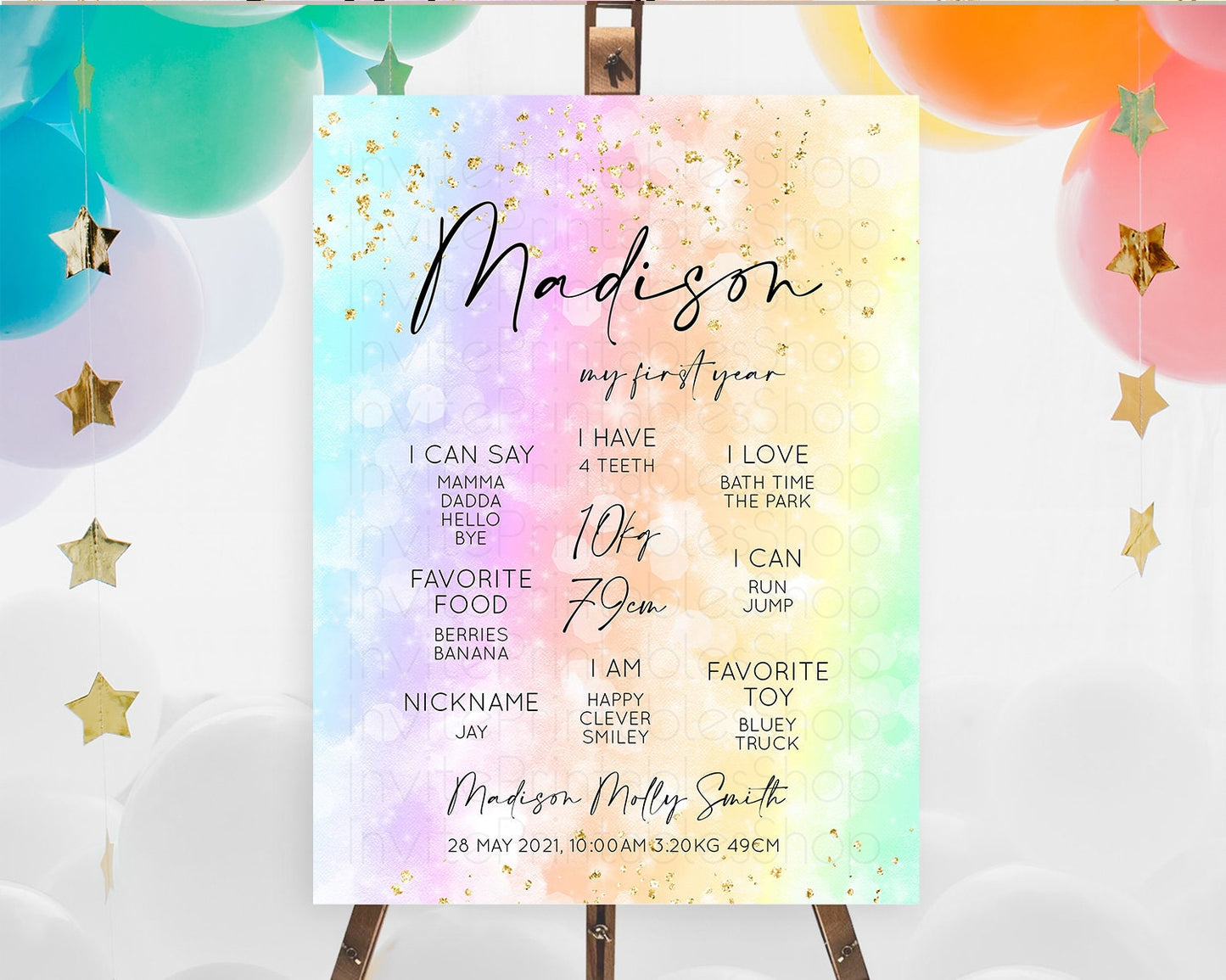 Pastel First Birthday Milestone Board Pastel Rainbow Milestone Poster Colorful Confetti Watercolor Glitter 1st Birthday Welcome Sign D10647