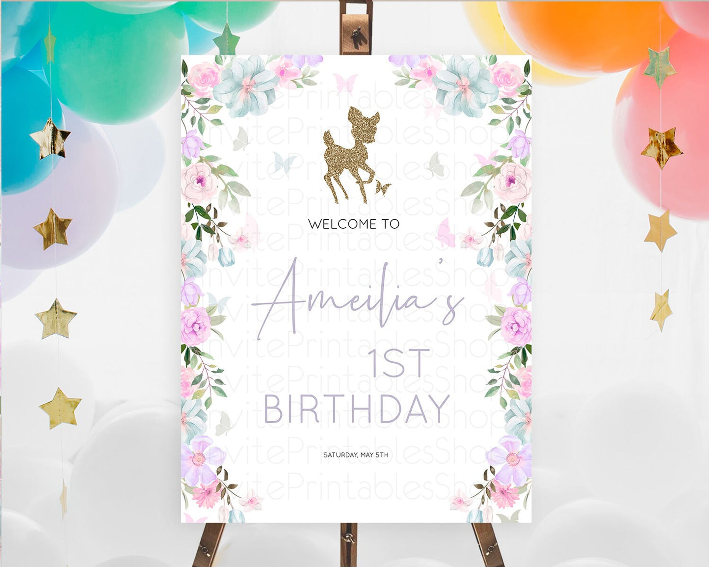 Fawn Welcome Sign Deer Welcome Board Floral Deer Welcome Poster Enchanted Forest Butterfly Pastel Floral First Birthday Welcome Sign D10476