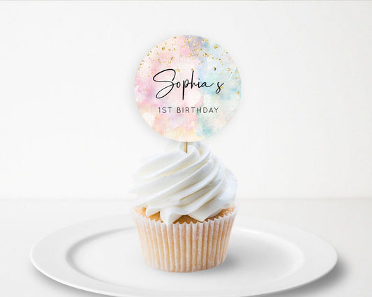Editable Rainbow Cupcake Toppers Pastel Cupcake Toppers Colorful Pastel Wate