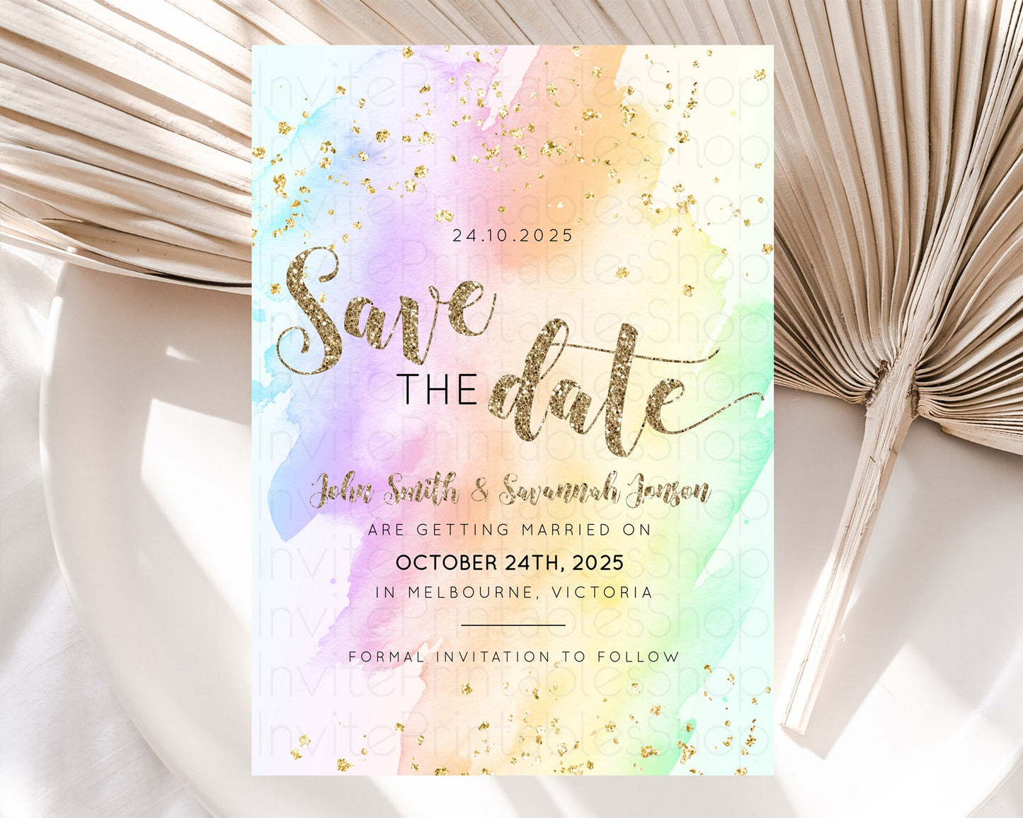 Pastel Save The Date Template Pastel Ombre Rainbow Watercolor Colorful Party For Birthday Baptism Baby Shower Wedding Bridal Shower D10643