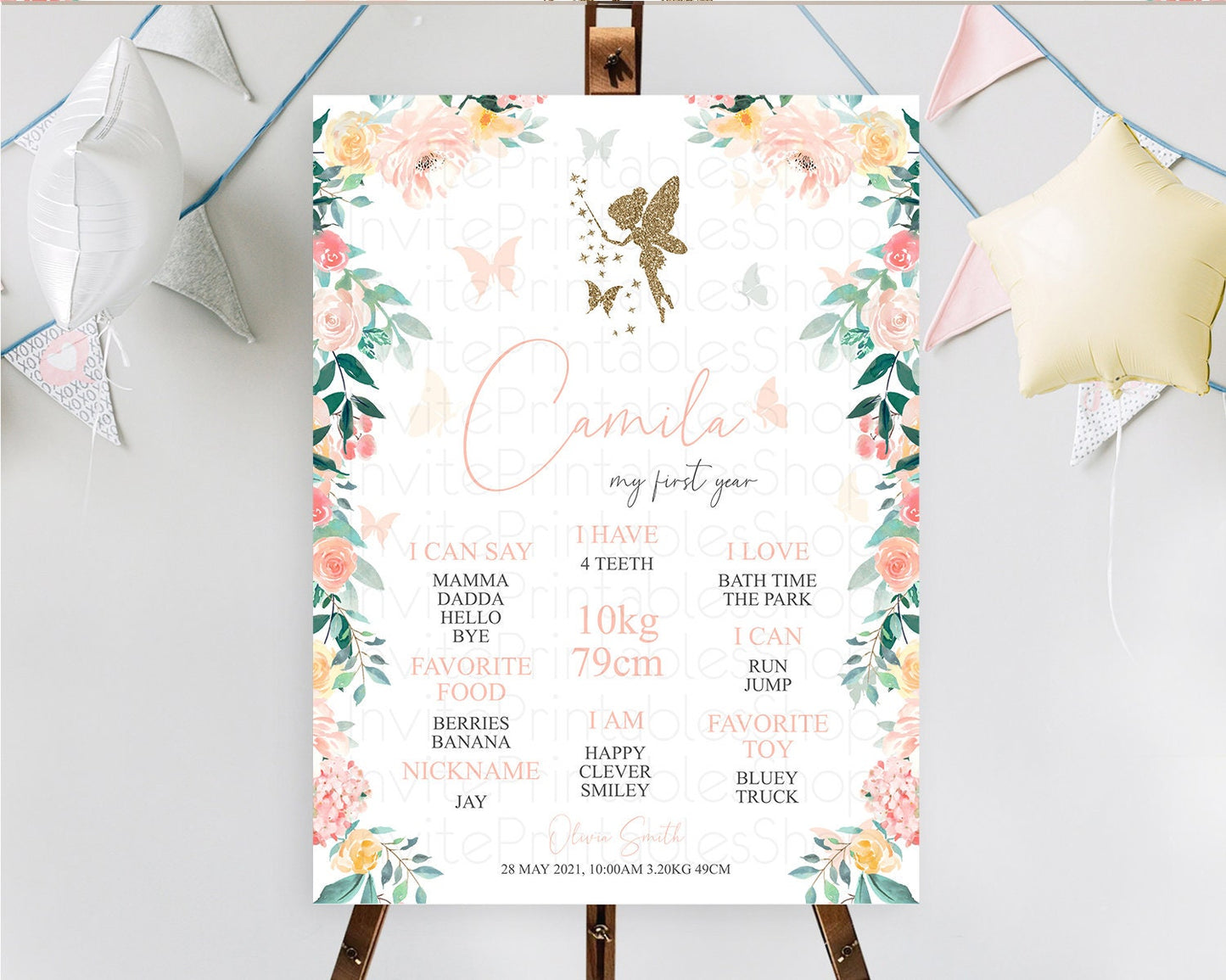 Fairy First Birthday Milestone Poster Fairy Secret Garden Milestone Board Enchanted Garden Pastel Floral Butterfly 1st Birthday Sign D10789