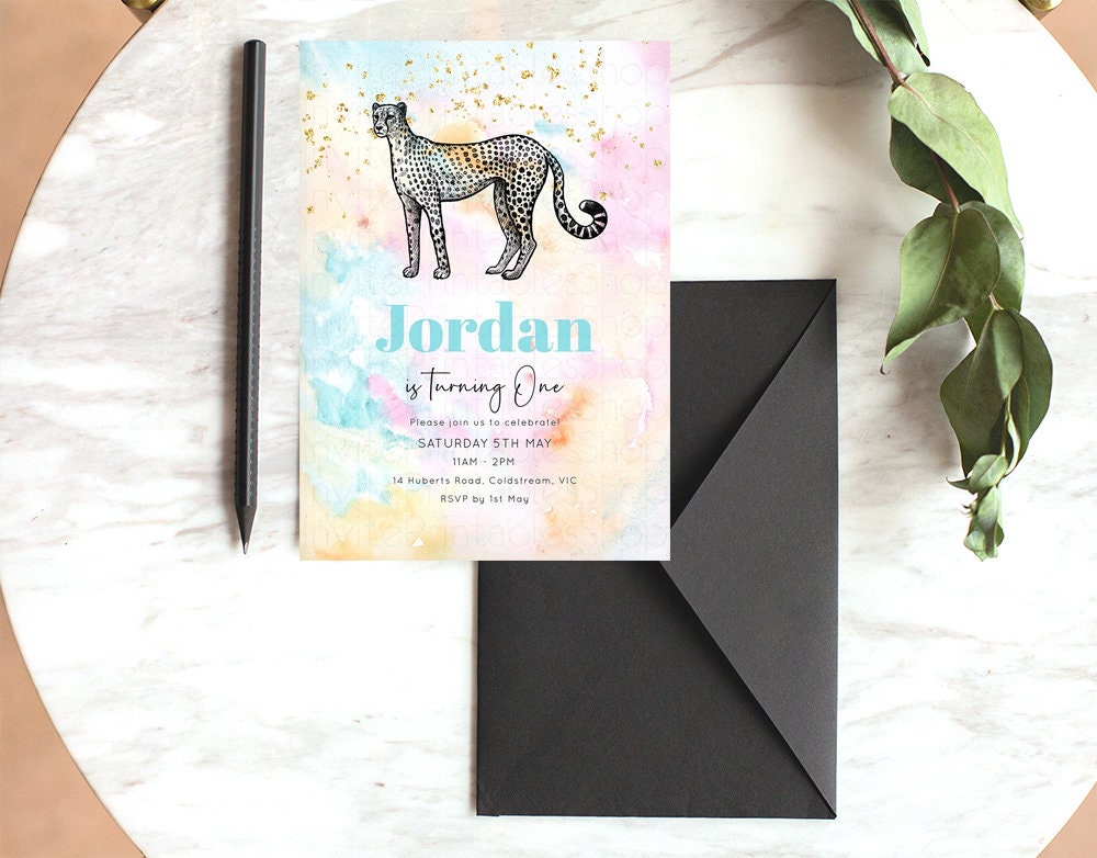 Rainbow Cheetah Birthday Invitation Pastel Cheetah Invite Colorful Cheetah Invite Cheetah Invitation Gold Glitter Sprinkles Invite