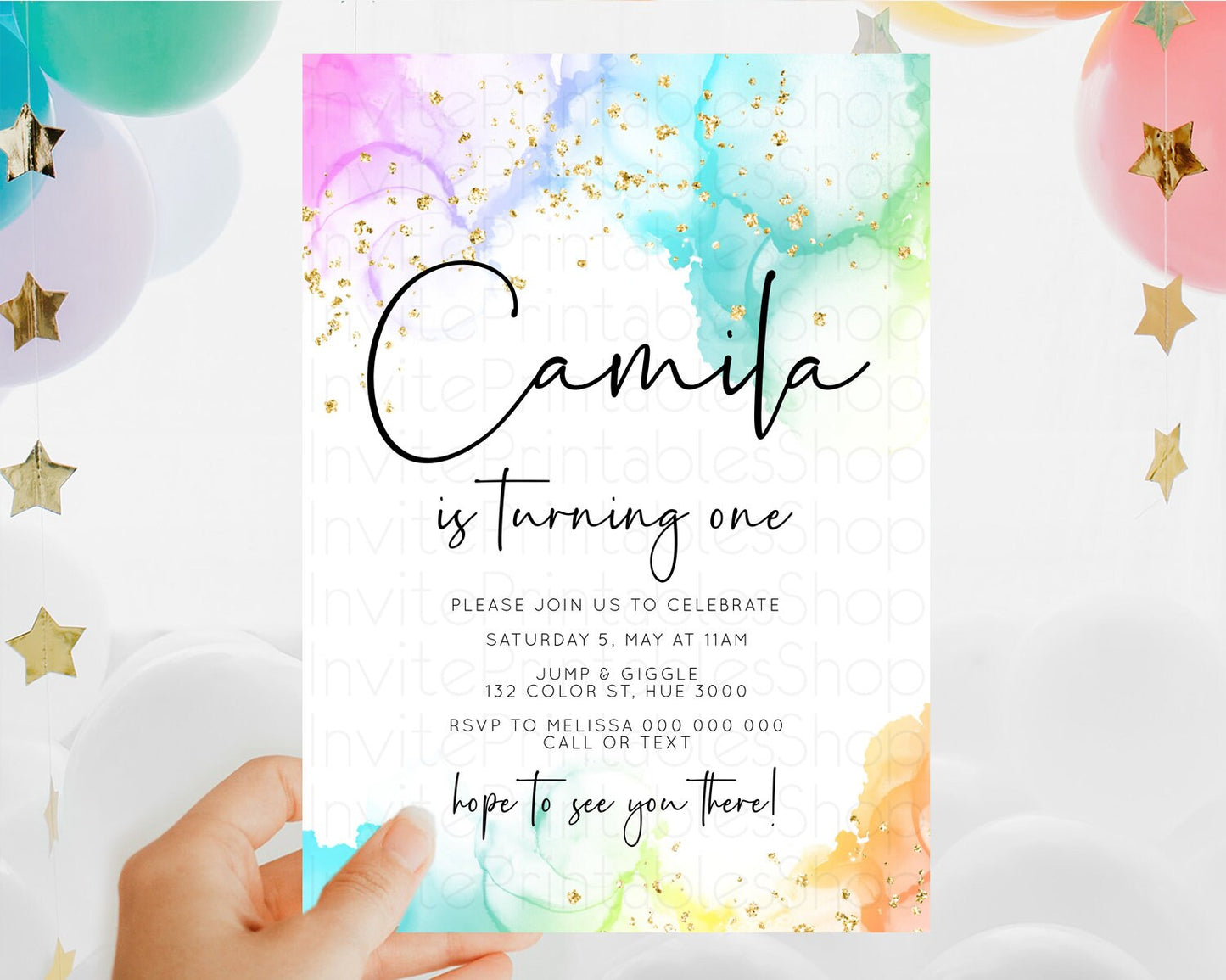 Rainbow Birthday Invitation Colorful Pastel Watercolor Invitation Gold Glitter Sprinkles Ombre Pastel 1st 2nd 3rd Birthday D10181