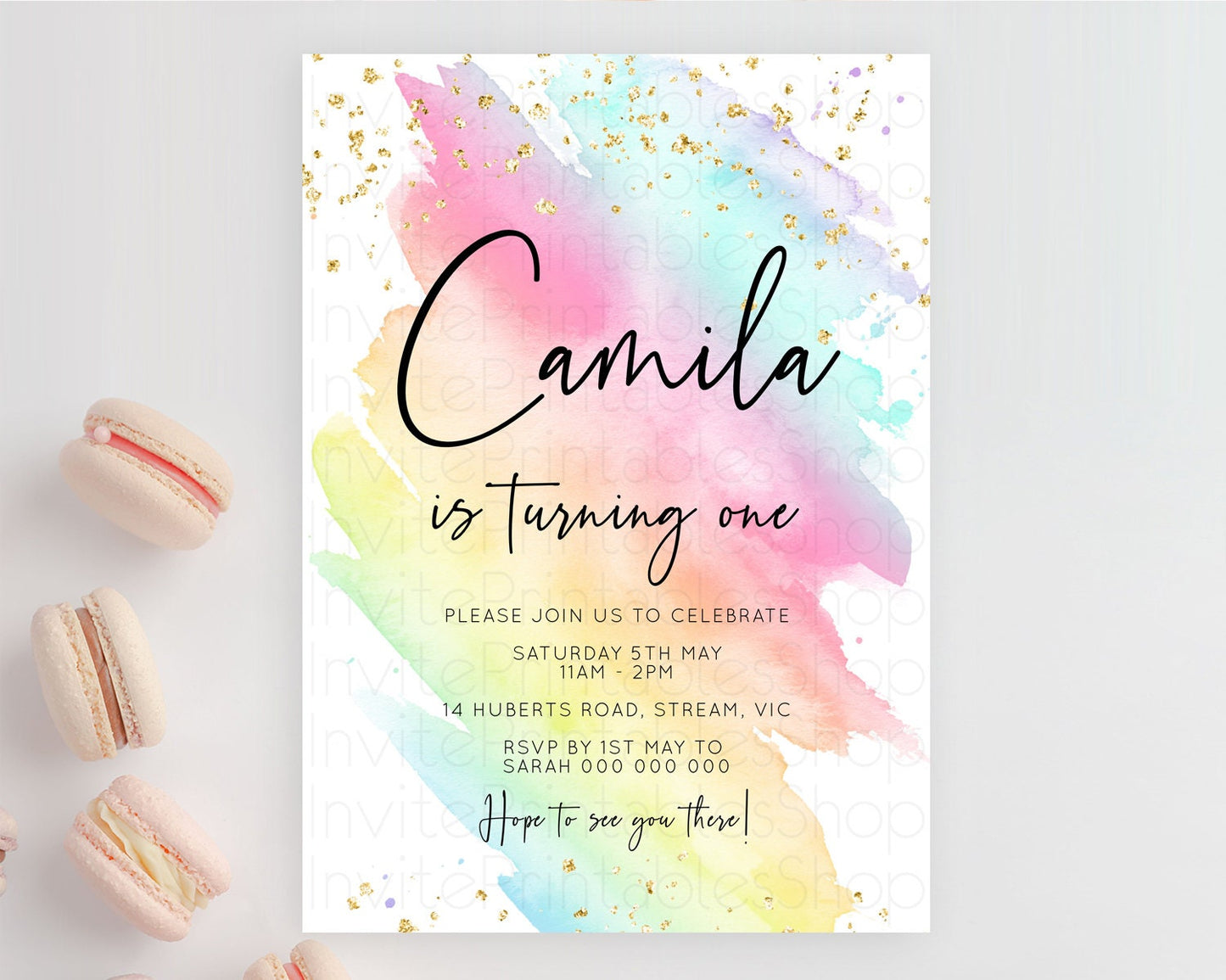 Rainbow Birthday Invitation Colorful Pastel Watercolor Invitation Gold Glitter Sprinkles Ombre Pastel 1st 2nd 3rd Birthday D10495