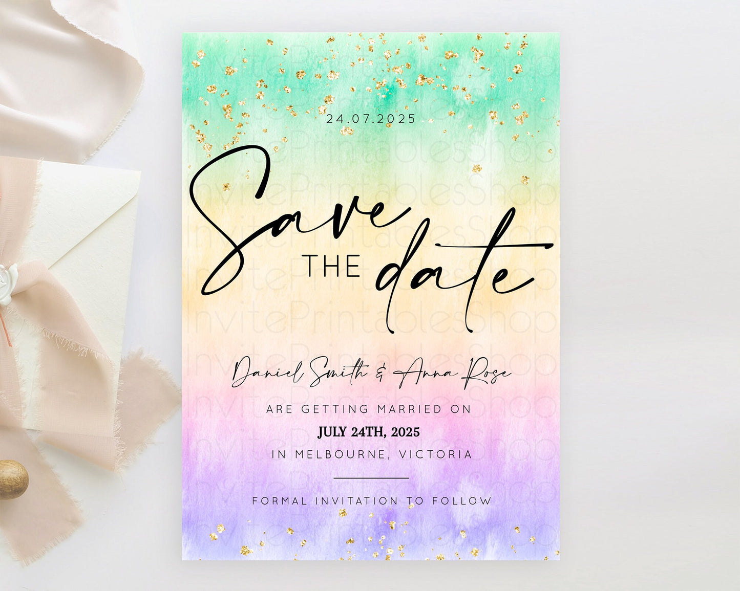 Editable Pastel Save The Date Template Pastel Ombre Rainbow Watercolor Color
