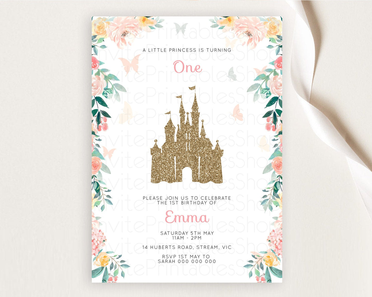 Princess Birthday Invitation Castle Invitation Royal Birthday Fairy Tale Enchanted Castle Pastel Floral Garden 1st First Birthday D10429