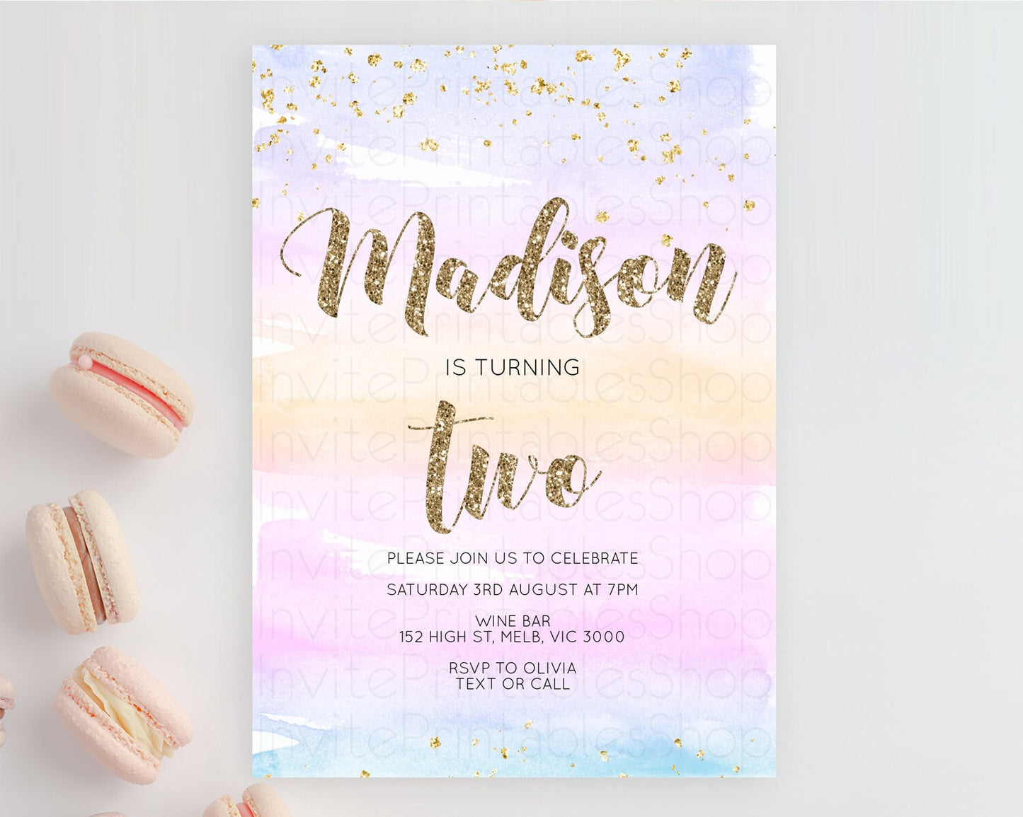 Rainbow Birthday Invitation Colorful Pastel Watercolor Invitation Gold Glitter Sprinkles Ombre Pastel 1st 2nd 3rd Birthday D10595
