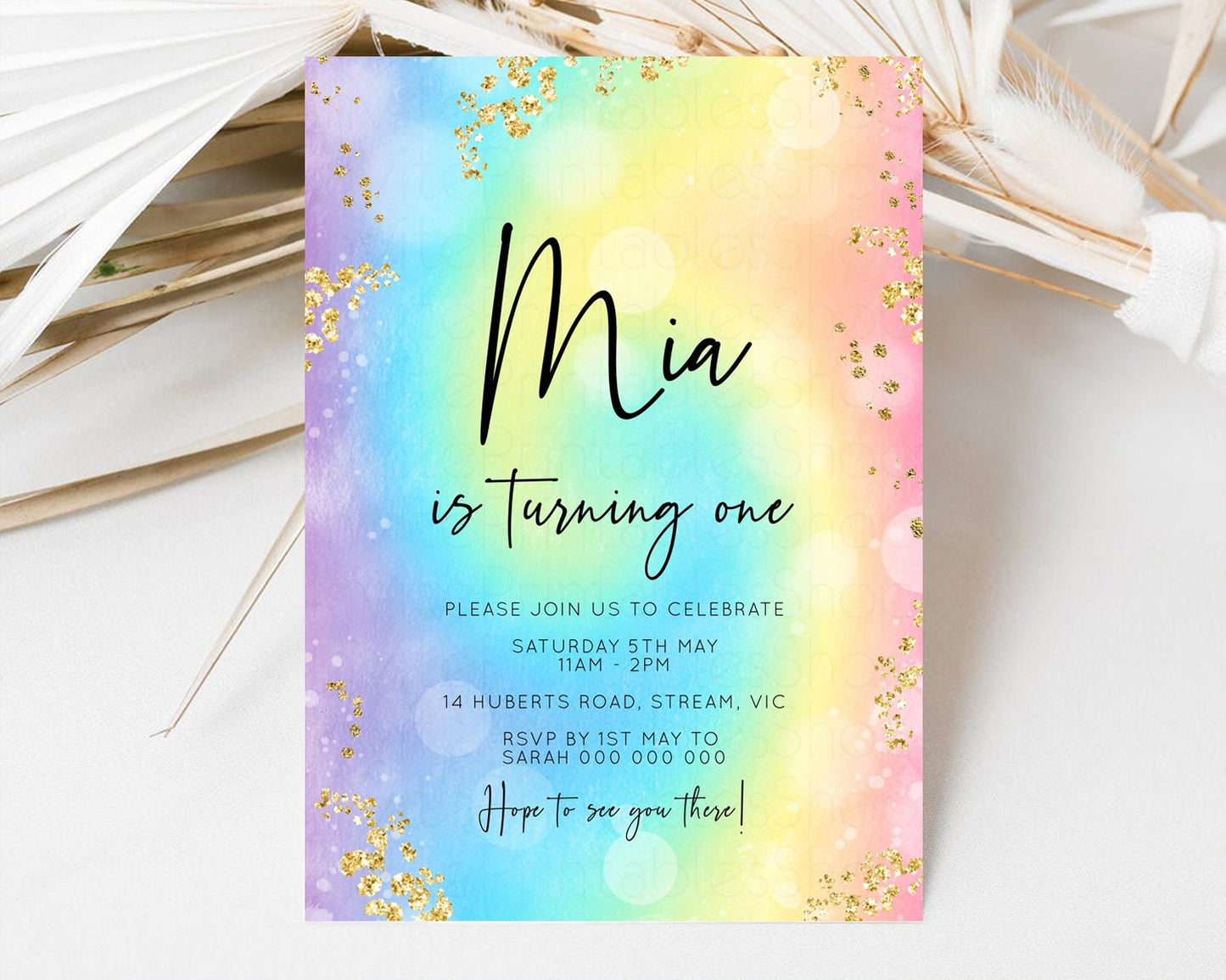 Rainbow Birthday Invitation Glitter Pastel Invitation Colorful Watercolor Gold Foil Splatter Sprinkles Ombre Glitter Invite 1st 2nd 3rd t571