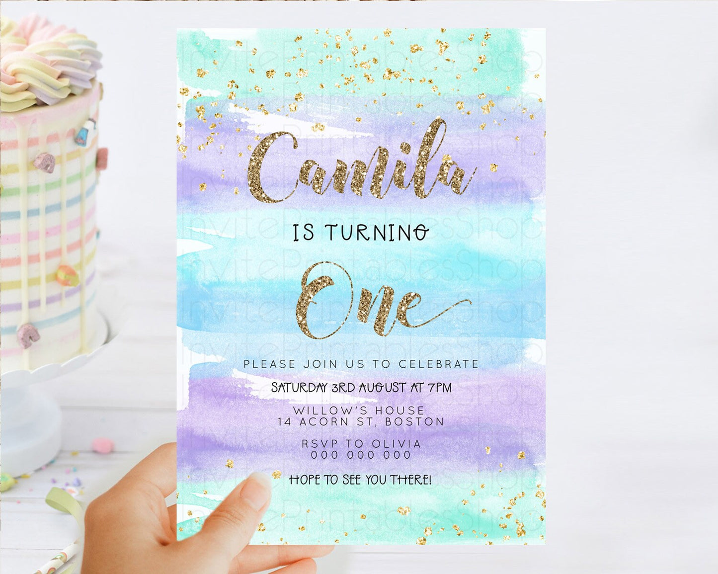 Rainbow Birthday Invitation Colorful Pastel Watercolor Invitation Gold Glitter Sprinkles Ombre Pastel 1st 2nd 3rd Birthday D23270