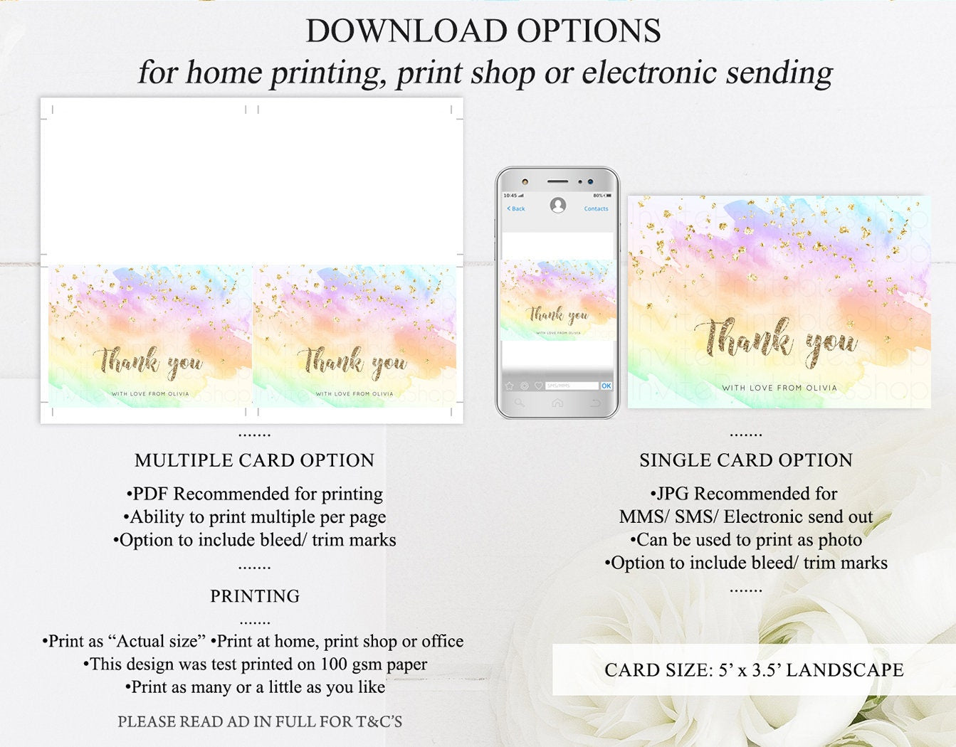 Pastel Rainbow Thank you Colorful Watercolor Gift Cards Splash Gold Glitter Card Birthday Engaged Baby Shower Wedding Folded/ Postcard g602
