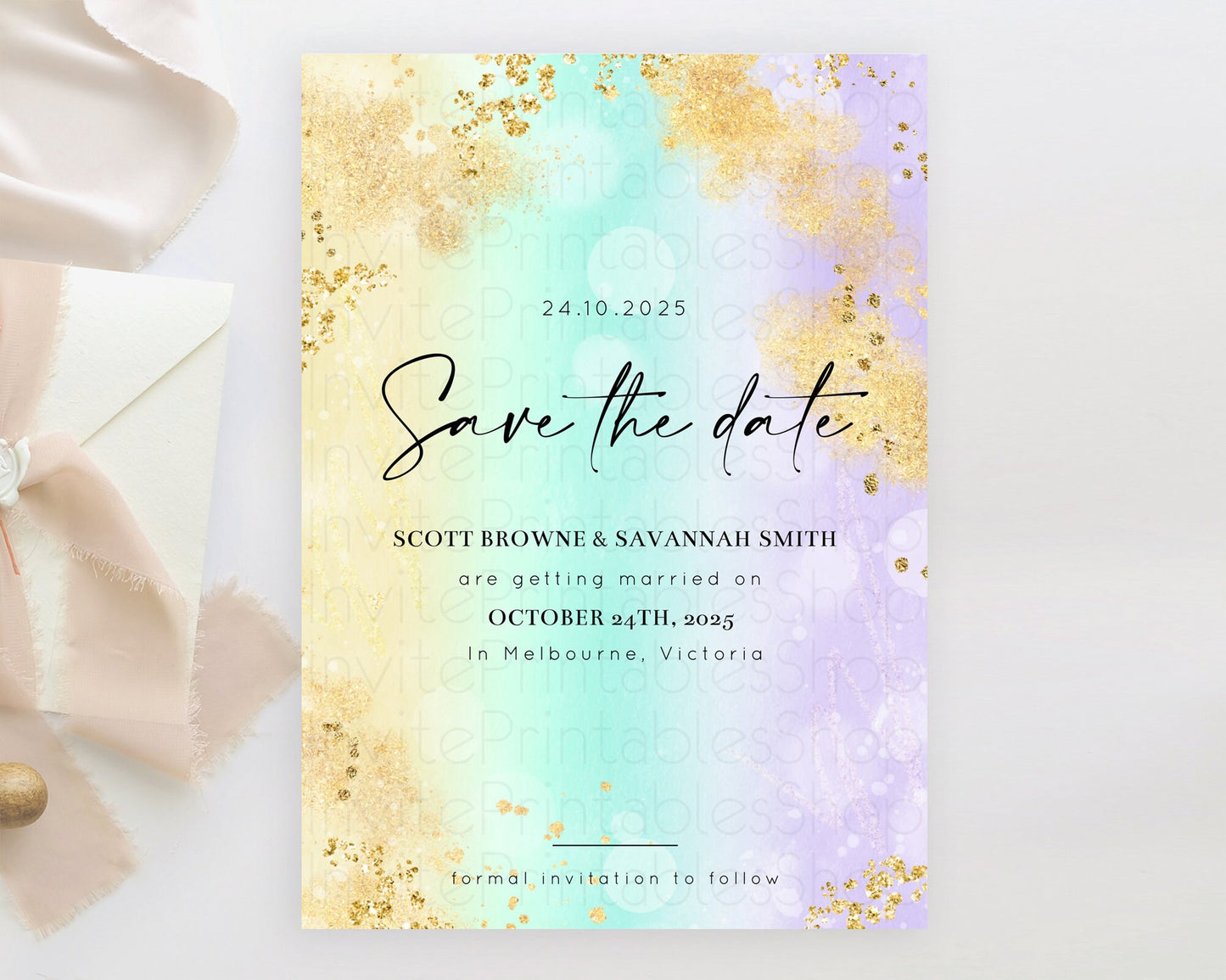 Pastel Save The Date Template Pastel Ombre Rainbow Watercolor Colorful Party For Birthday Baptism Baby Shower Wedding Bridal Shower D10672