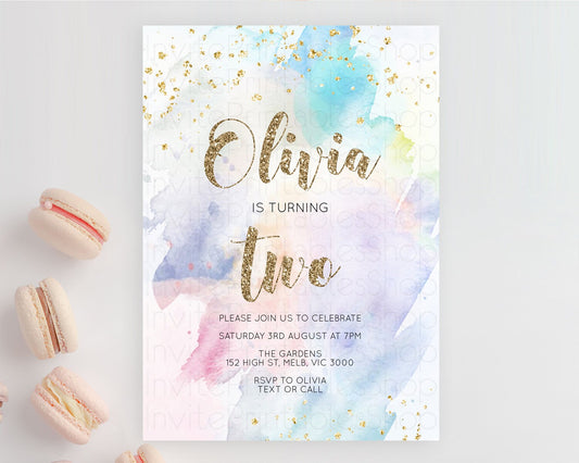 Editable Rainbow Birthday Invitation Colorful Pastel Watercolor Invitation G