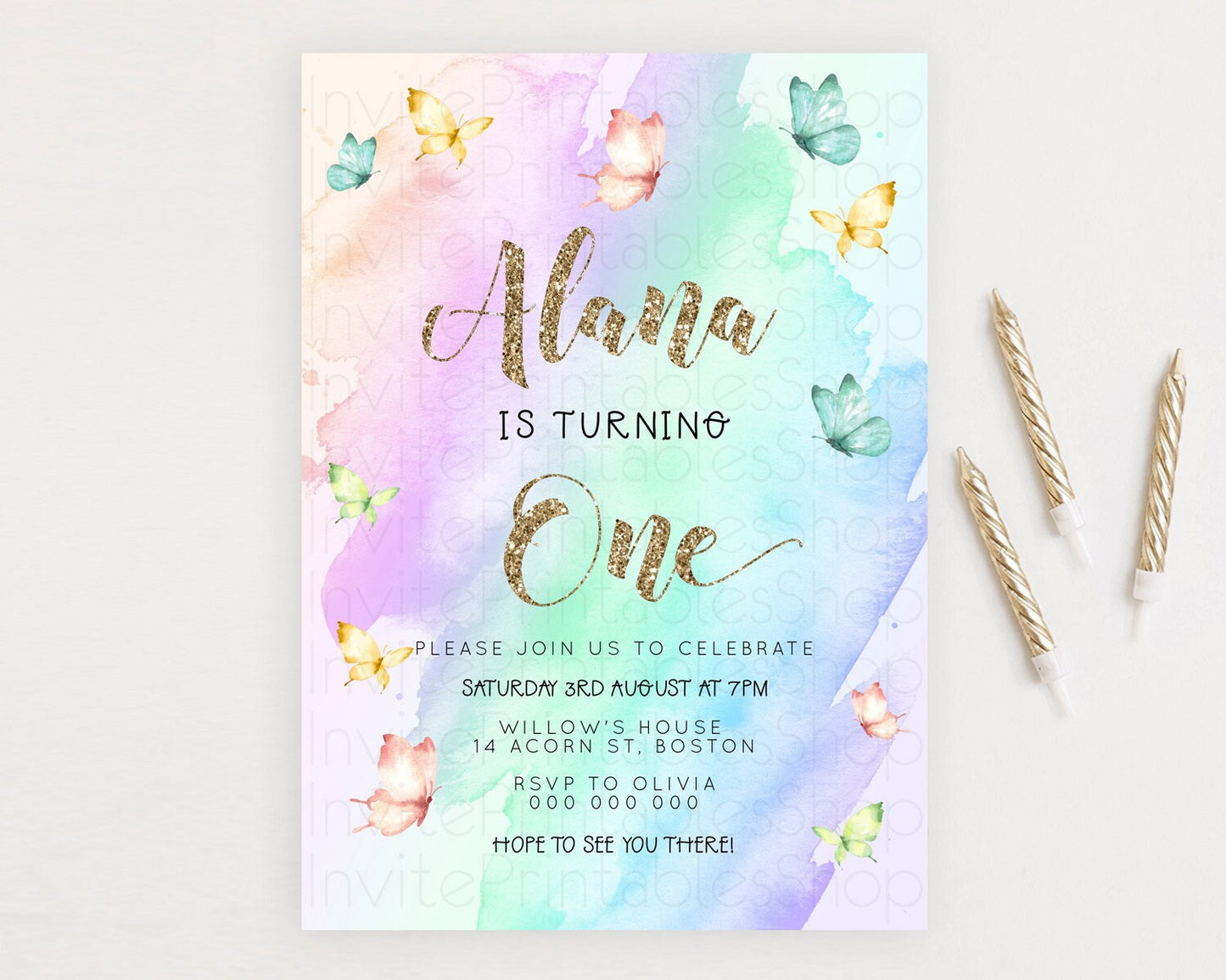 Pastel Butterfly Birthday Invitation Butterfly Birthday Invitation Colorful Splash Glitter Butterfly Garden 1st 2nd Birthday D23237