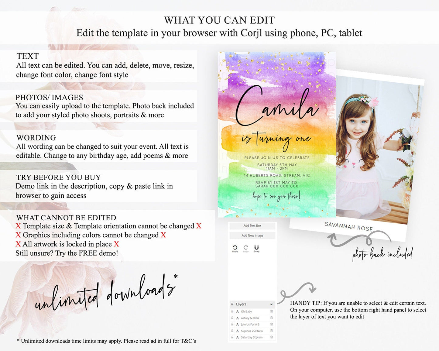 Rainbow Birthday Invitation Colorful Pastel Watercolor Invitation Gold Glitter Sprinkles Ombre Pastel 1st 2nd 3rd Birthday D10524