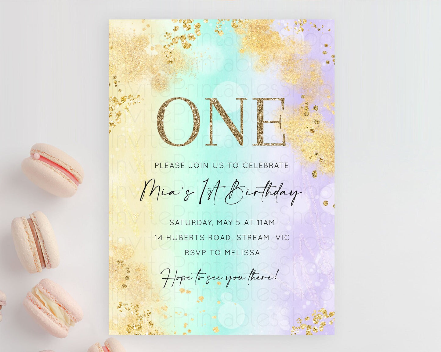 Rainbow Birthday Invitation Colorful Pastel Watercolor Invitation Gold Glitter Sprinkles Ombre Pastel 1st 2nd 3rd Birthday D10672