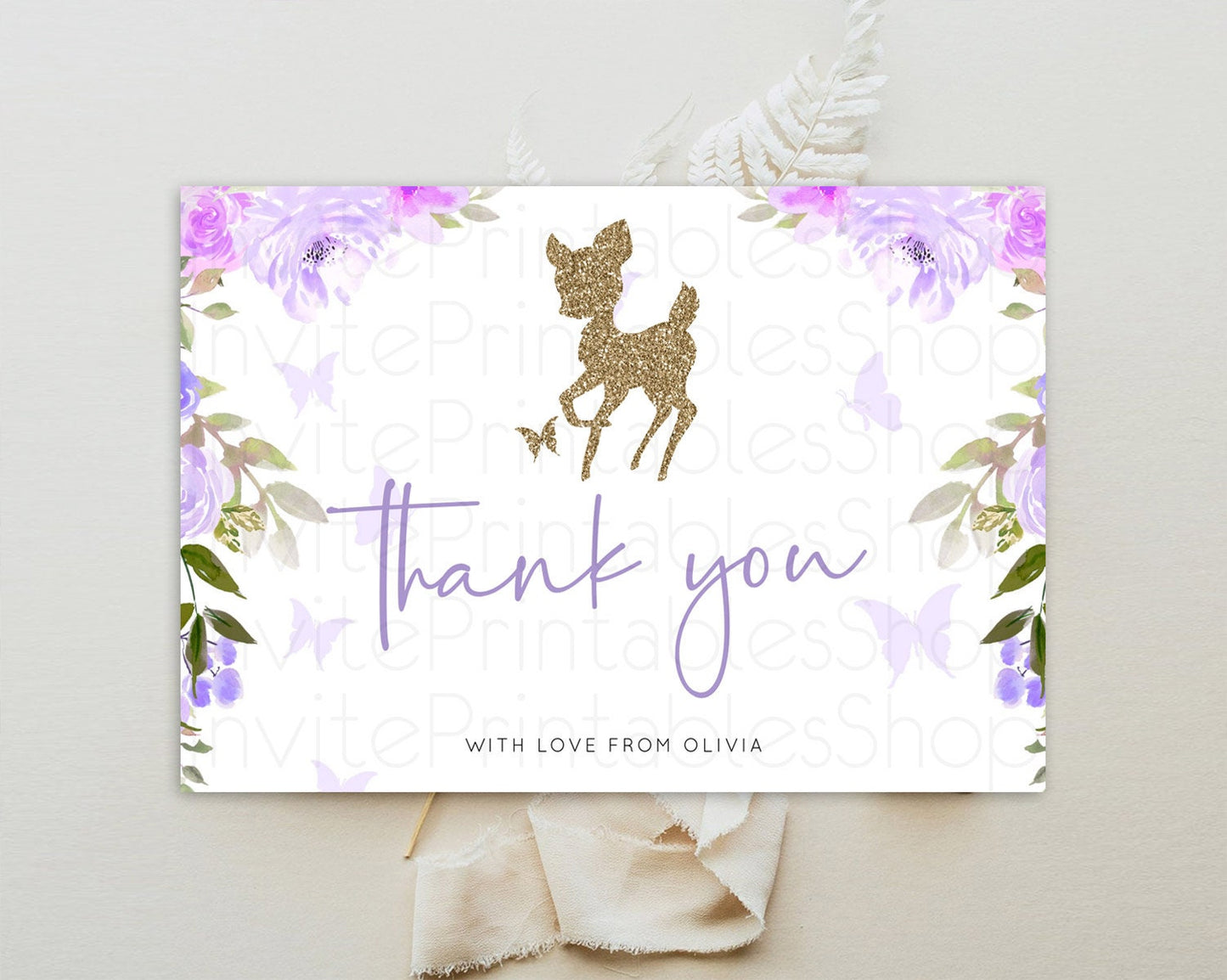 Fawn Thank You Deer Thank You Card Pastel Floral Deer Birthday Thank You Card Enchanted Forest Butterfly Deer Teacher Thank You Card D10914