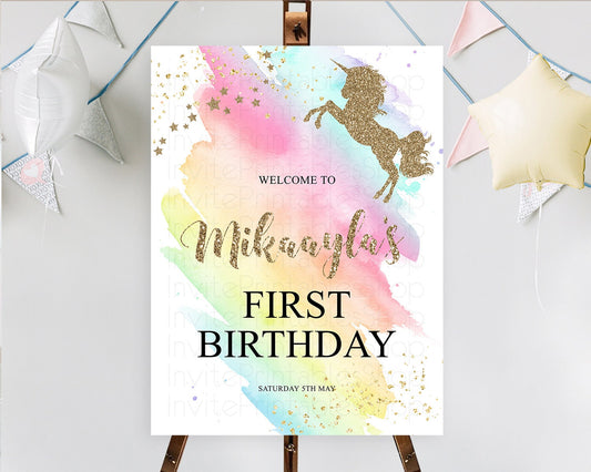 Editable Unicorn Rainbow Birthday Welcome Board Pastel Unicorn Welcome Sign