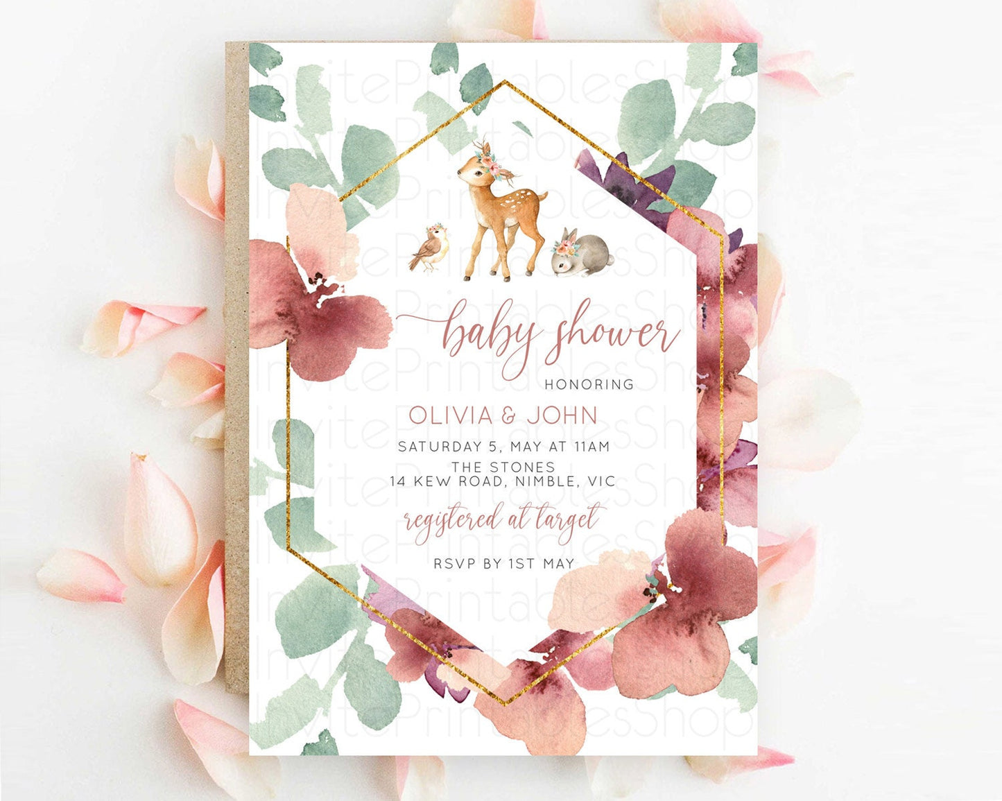 Enchanted Forest Baby Shower Invitation Burgundy Pastel Flowers Fawn, Deer, Butterfly Bunny Perfect for a Whimsical Fall Celebration D10913