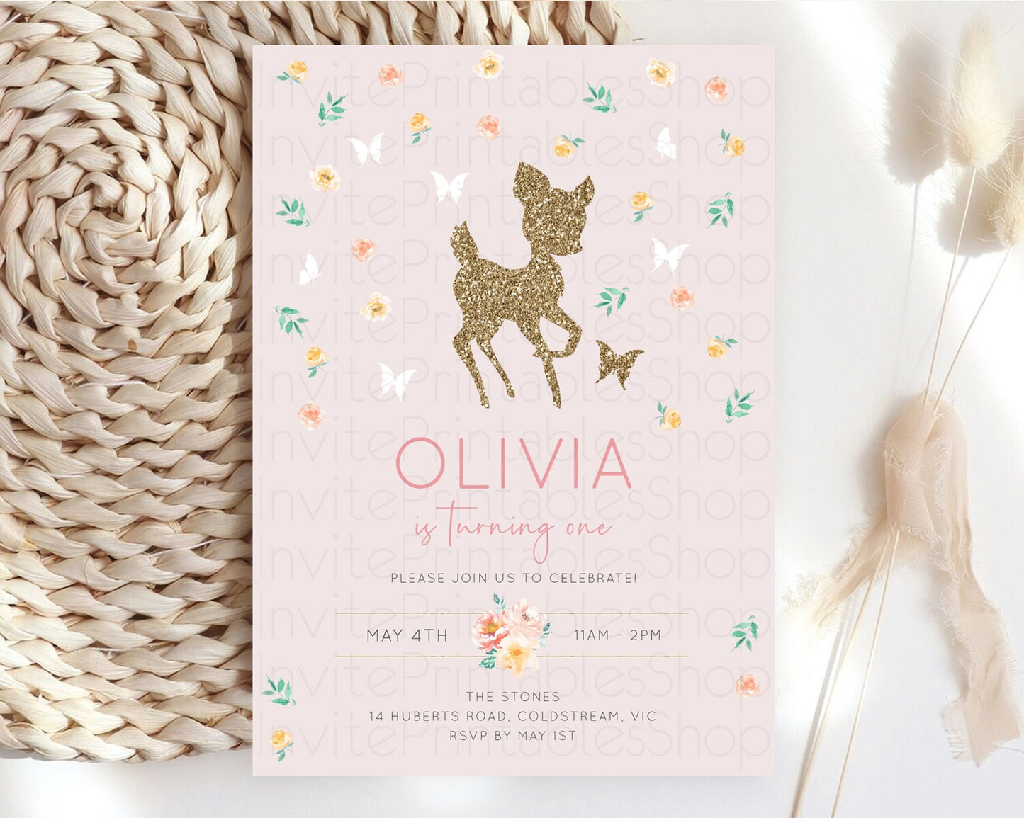 Fawn Birthday Invitation Deer Birthday Invitation Enchanted Forest Party Butterfly Pastel Flowers Whimsical 2nd 1st First Birthday D10386