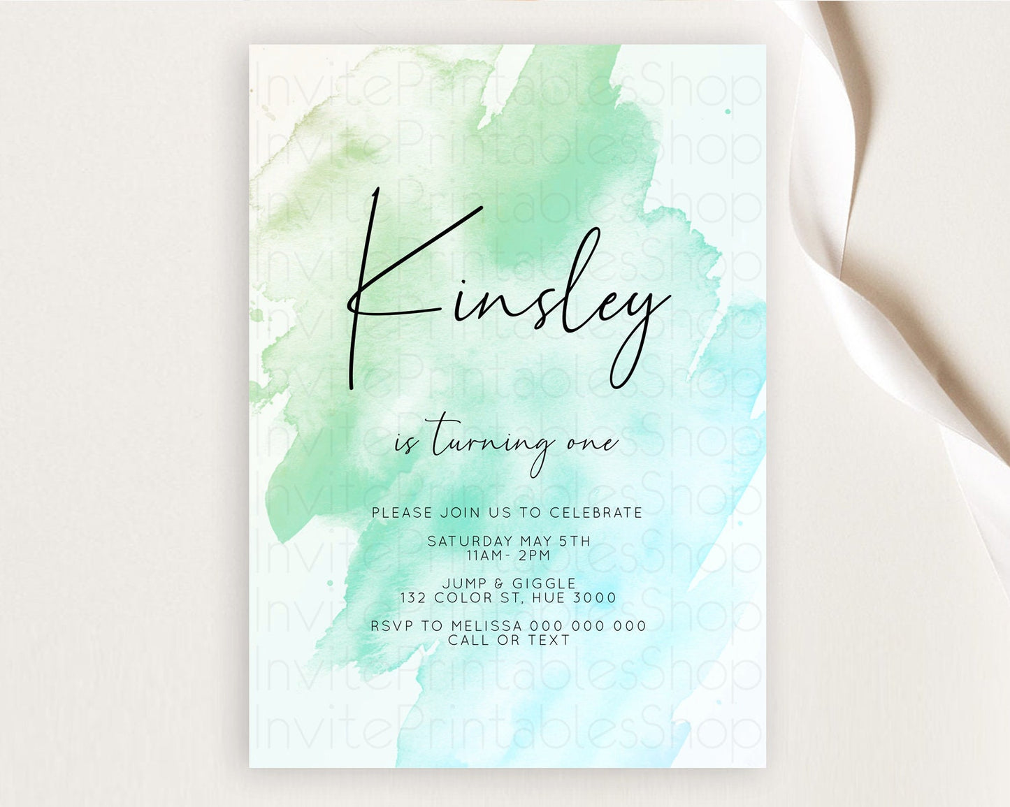 Green Birthday Invitation green Watercolor Invitation Pastel green Watercolor Invitation green Splash Gold Invitation First Birthday D10166