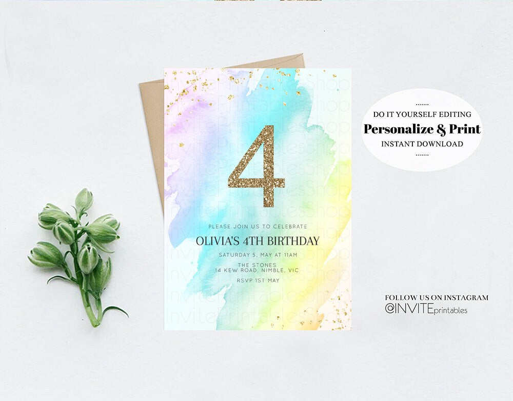 Pastel Rainbow Birthday Invitation Colorful Watercolor Splash Ombre Ink Paint Gold Confetti Glitter Age  Purple Pink Blue 146v3