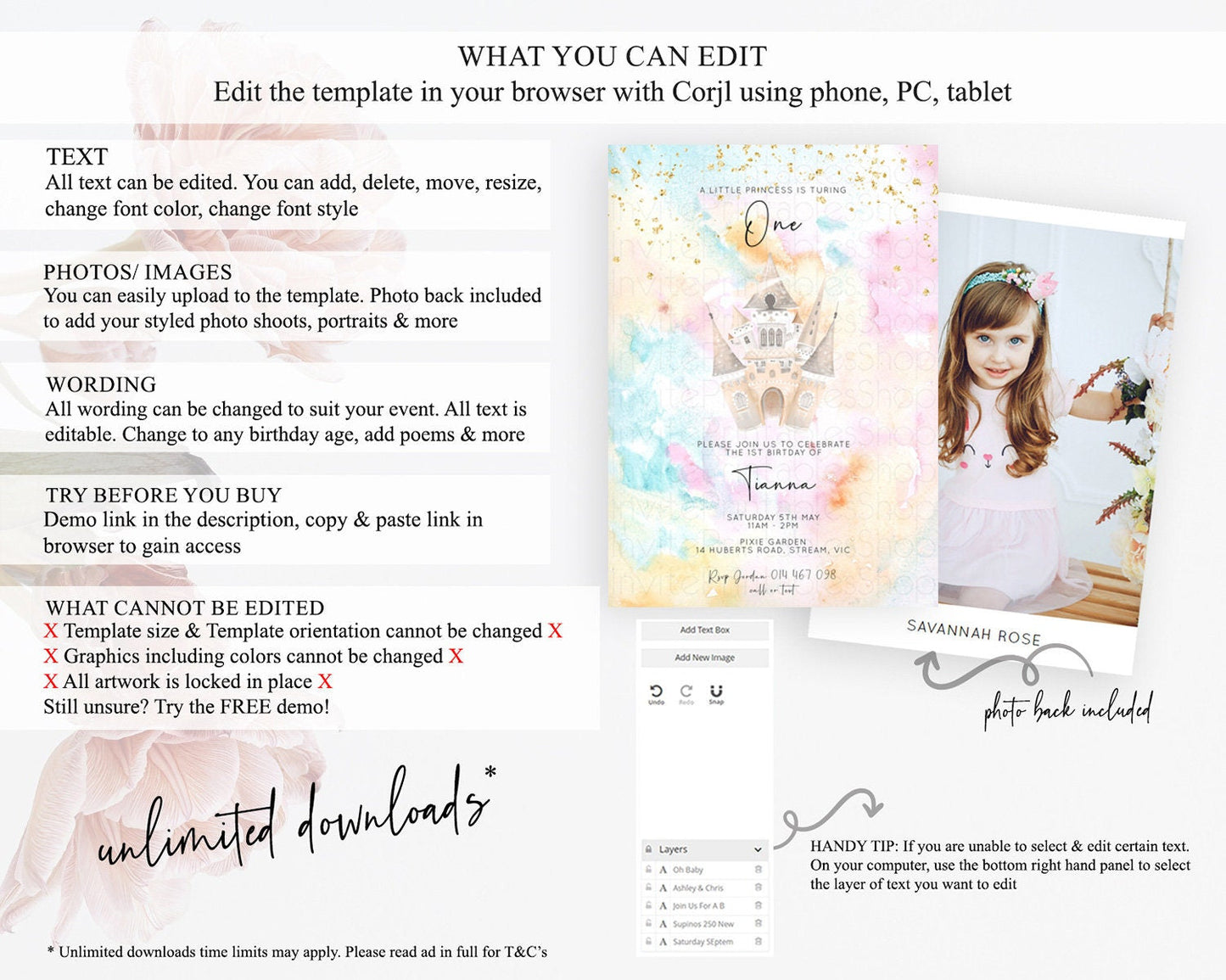Princess Birthday Invitation Princess Invitation Pastel Invitation Royal Birthday Rainbow Color Enchanted Castle 1st First Birthday D11029